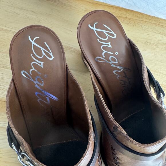 Brighton Shoes Womens Sz 7.5 Gemini Mules Brown Leather Heels Slip On EUC - Picture 5 of 9